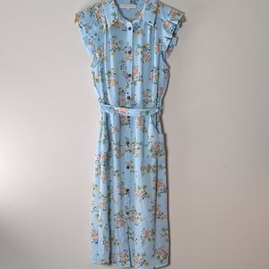 Monteau Women's Blue Ruffled Midi Sundress with Peter Pan Collar Size M